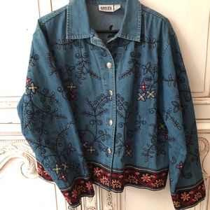 Chico’s embroidered Jeans Jacket.